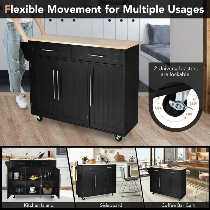 Kitchen Island Trolley Wood Top Rolling Storage Cabinet Cart with Knife Block-Black