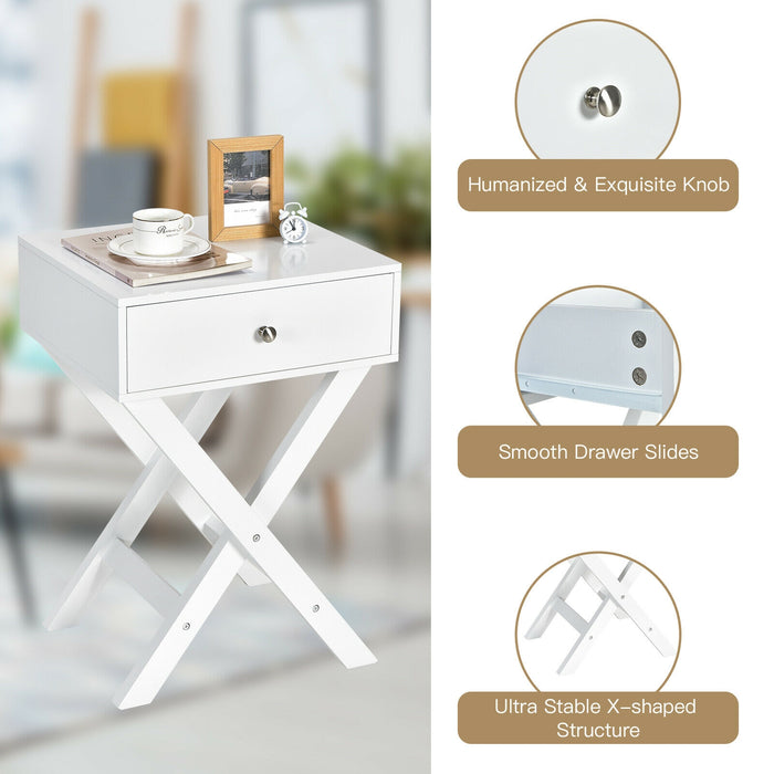 Modern X-Shaped Nightstand with Drawer for Living Room Bedroom-White