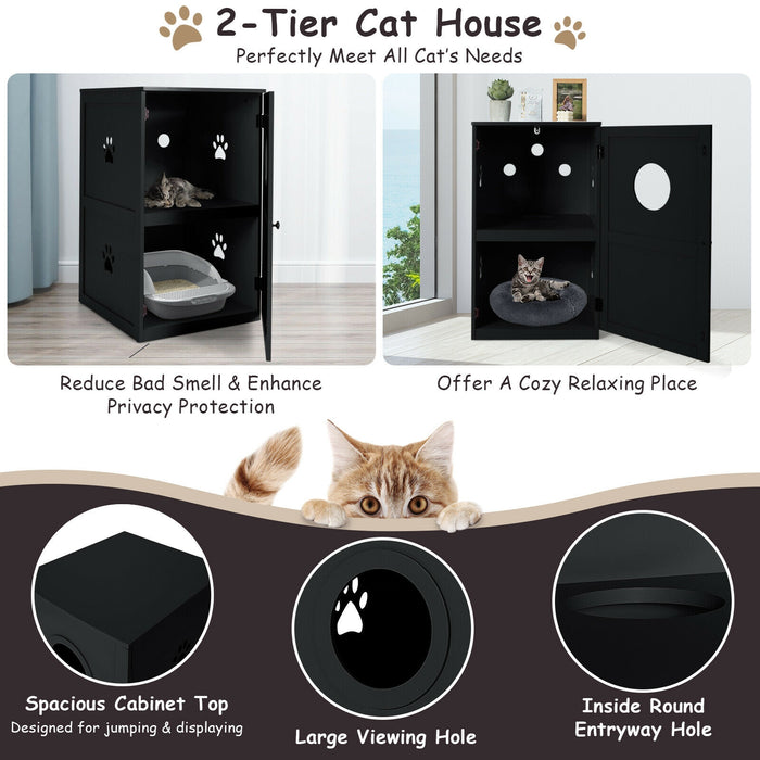 2-tier Litter Hidden Cat House With Anti-toppling Device-Black