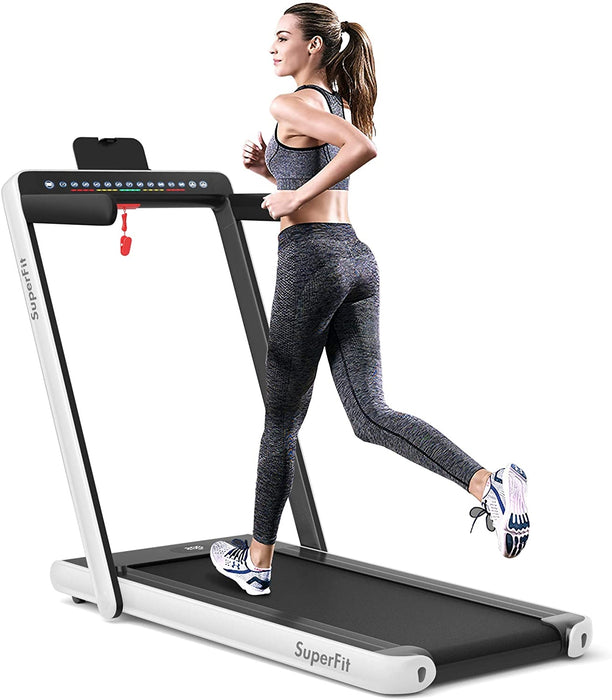 2-in-1 Electric Motorized Health and Fitness Folding Treadmill with Dual Display and Speaker-White