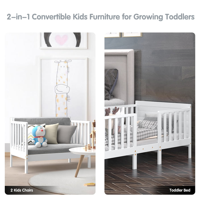 2-in-1 Convertible Kids Wooden Bedroom Furniture with Guardrails-White