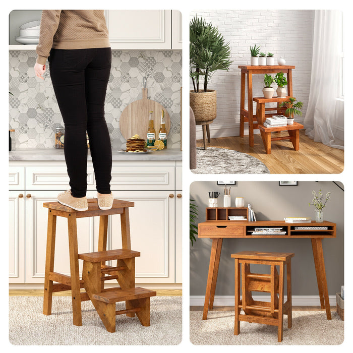 3-in-1 Rubber Wood Step Stool with Convenient Handle-Dark Brown