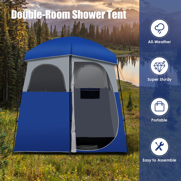 Double-Room Camping Toilet Tent with Floor and Portable Storage Bag-Blue