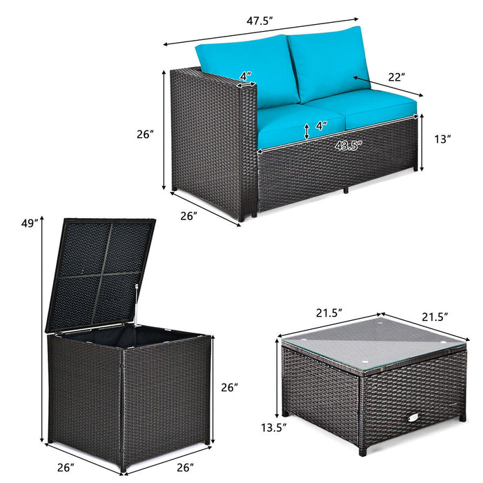 4 Pieces Outdoor Patio Rattan Furniture Set with Cushioned Loveseat and Storage Box-Turquoise