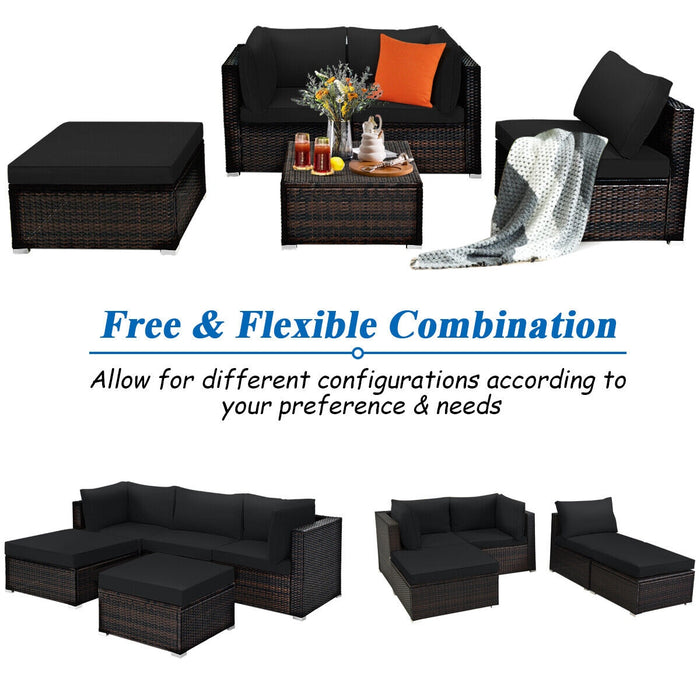 5 Pieces Patio Sectional Rattan Furniture Set with Ottoman Table-Black