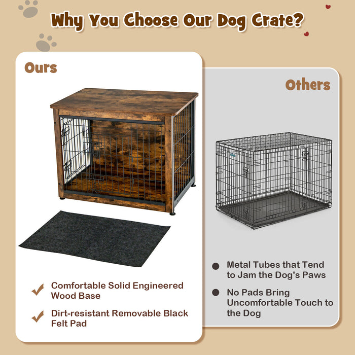 Wooden Dog Crate Furniture with Double Door and Tray-Brown