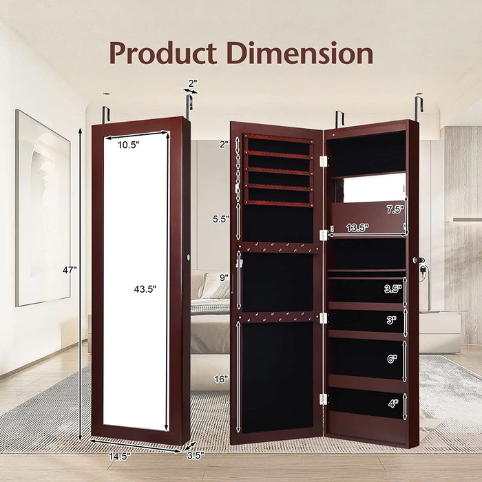 Lockable Wall Door Mounted Mirror Jewelry Cabinet w/LED Lights-Brown