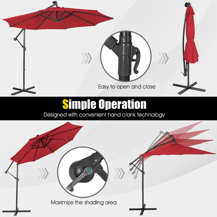 10 Feet Patio Solar Powered Cantilever Umbrella with Tilting System-Red