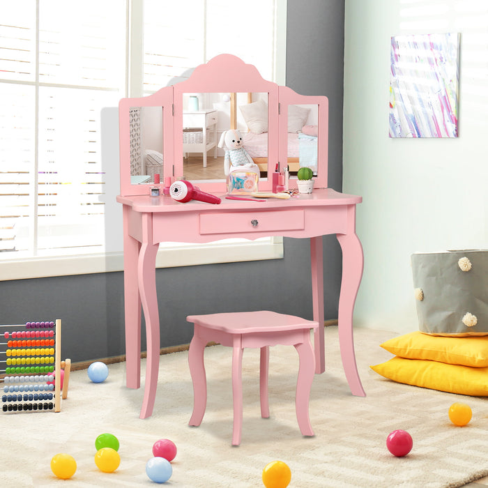 Kids Makeup Dressing Mirror Vanity Table Stool Set-Pink