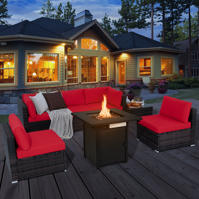 7 Pieces Patio Furniture Set with 28 Inches 50000 BTU Propane Gas Fire Pit Table-Red