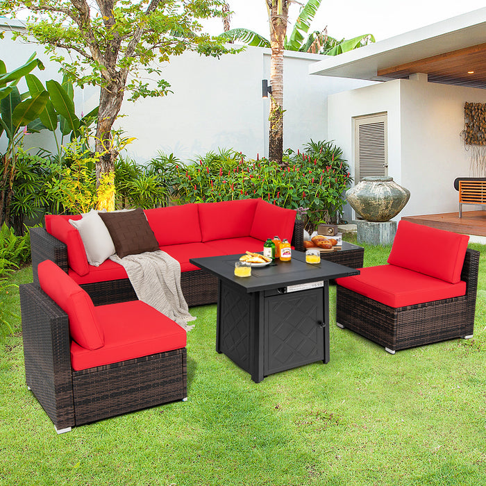 7 Pieces Patio Furniture Set with 28 Inches 50000 BTU Propane Gas Fire Pit Table-Red