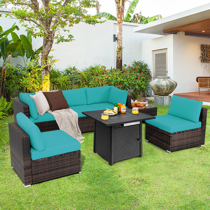 7 Pieces Patio Furniture Set with 28 Inches 50000 BTU Propane Gas Fire Pit Table-Turquoise