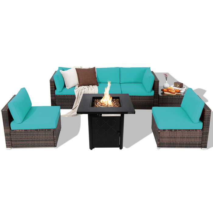 7 Pieces Patio Furniture Set with 28 Inches 50000 BTU Propane Gas Fire Pit Table-Turquoise