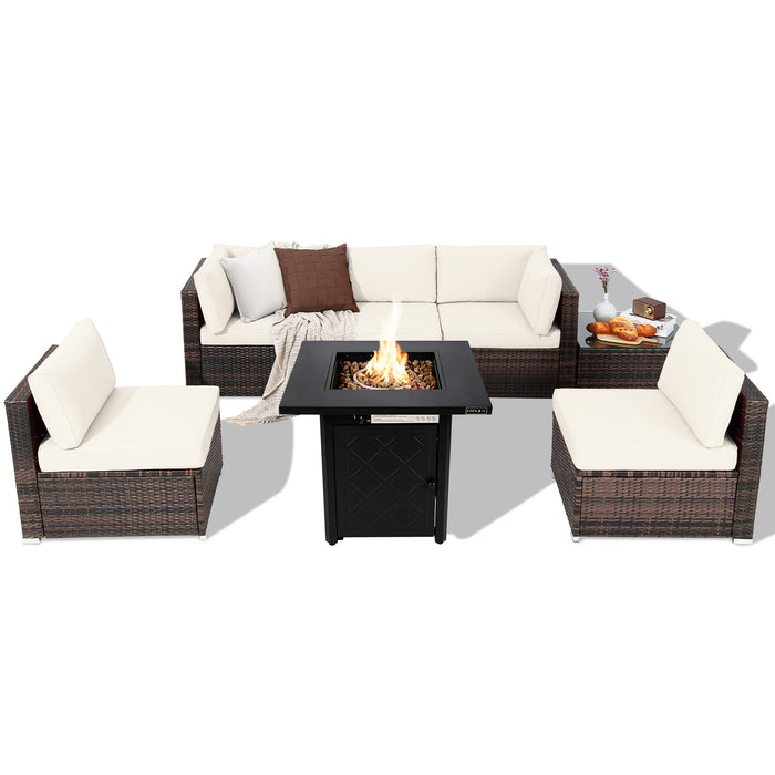 7 Pieces Patio Furniture Set with 28 Inches 50000 BTU Propane Gas Fire Pit Table-White