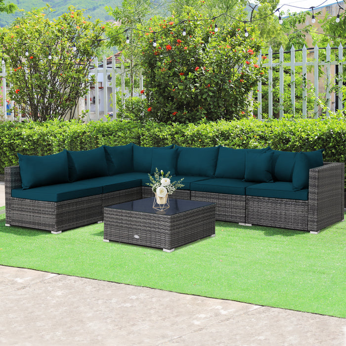 7 Pieces Patio Rattan Furniture Set with Sectional Sofa Cushioned-Green