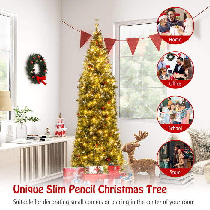 5/6/7/8/9 FT Pre-Lit Artificial Hinged Slim Pencil Christmas Tree-7 ft