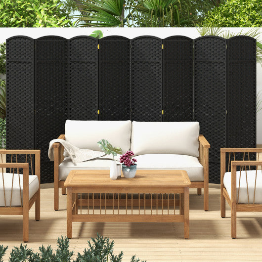 8-Panel Folding Room Divider with Hand-woven Texture and Wood Frame-Black