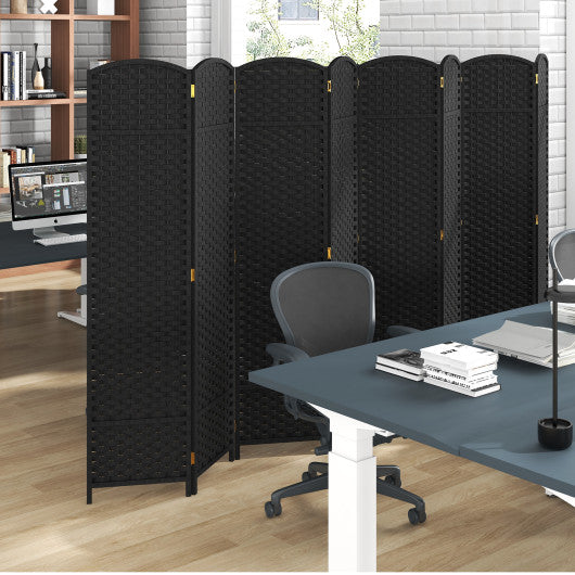 8-Panel Folding Room Divider with Hand-woven Texture and Wood Frame-Black