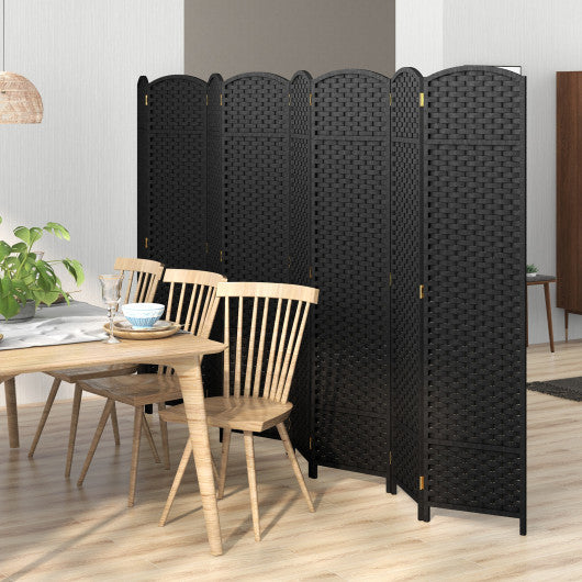 8-Panel Folding Room Divider with Hand-woven Texture and Wood Frame-Black