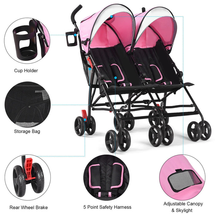 Foldable Twin Baby Double Stroller Ultralight Umbrella Kids Stroller-Pink