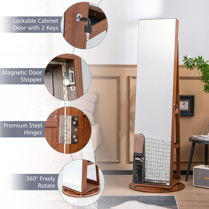 360Â° Rotating Mirrored Jewelry Cabinet Armoire 3 Color LED Modes Lockable-Dark Brown