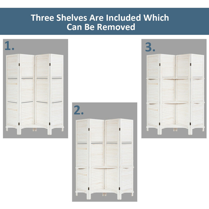 4 Panel Folding Room Divider Screen with 3 Display Shelves-White