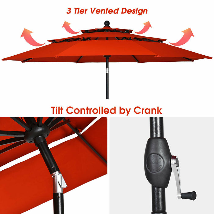 10ft 3 Tier Patio Umbrella Aluminum Sunshade Shelter Double Vented without Base-Red