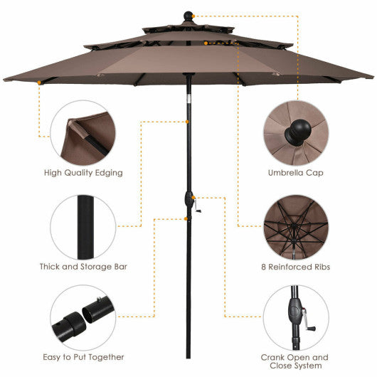 10ft 3 Tier Patio Umbrella Aluminum Sunshade Shelter Double Vented without Base-Tan