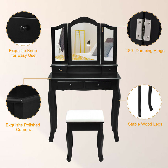 4 Drawers Wood Mirrored Vanity Dressing Table with Stool-Black