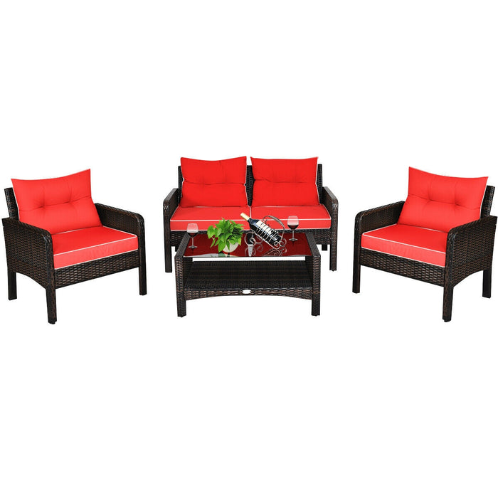 4 Pieces Outdoor Rattan Wicker Loveseat Furniture Set with Cushions-Red