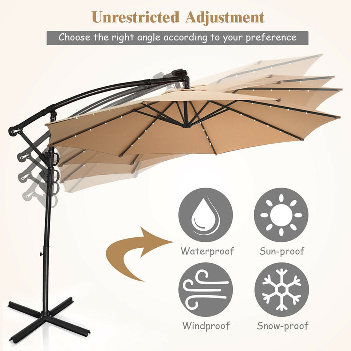 10 ft 360Â° Rotation Solar Powered LED Patio Offset Umbrella without Weight Base-Beige