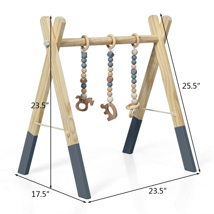 Portable 3 Wooden Newborn Baby Exercise Activity Gym Teething Toys Hanging Bar-Gray