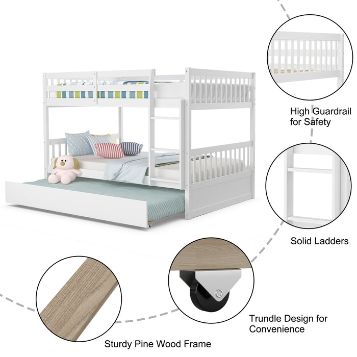 Full over Full Bunk Bed Platform Wood Bed with Ladder-White