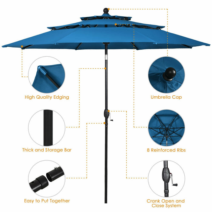 10' 3 Tier Patio Umbrella Aluminum Sunshade Shelter Double Vented without Base-Blue