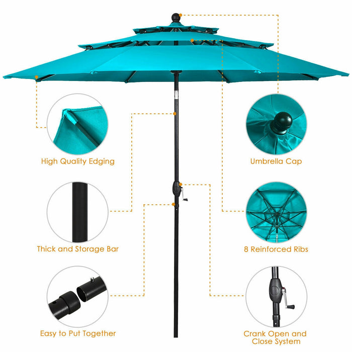 10' 3 Tier Patio Umbrella Aluminum Sunshade Shelter Double Vented without Base-Turquoise