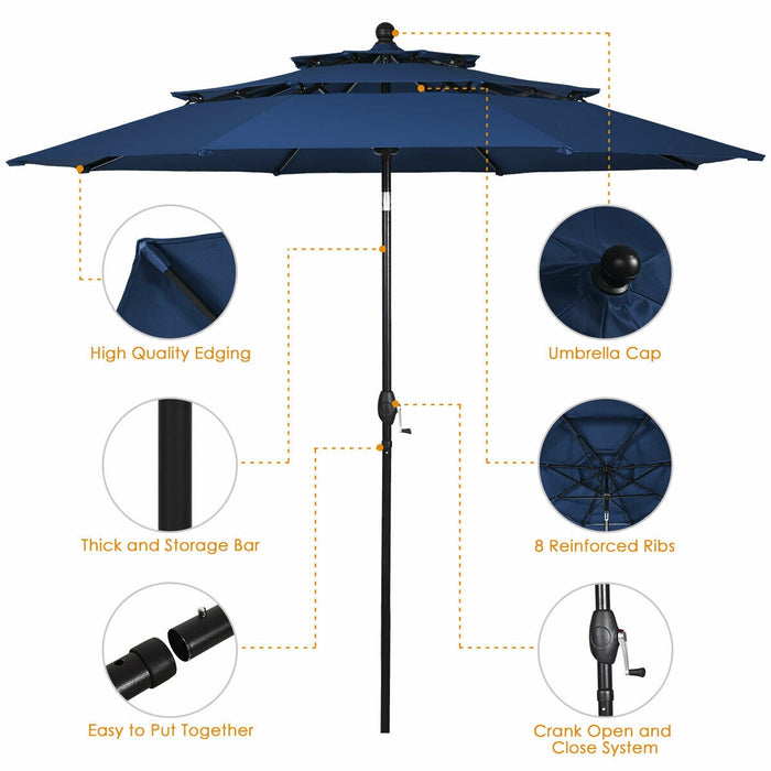 10' 3 Tier Patio Umbrella Aluminum Sunshade Shelter Double Vented without Base-Navy