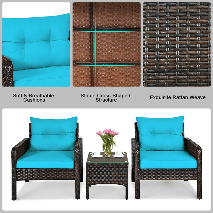 3 Pcs Outdoor Patio Rattan Conversation Set with Seat Cushions-Turquoise