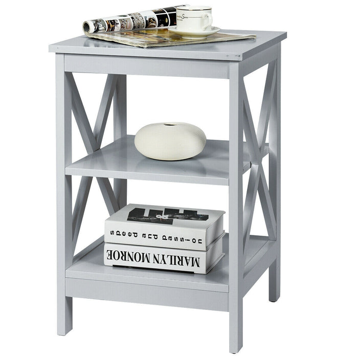 3-Tier Nightstand End Table with X Design Storage -Gray