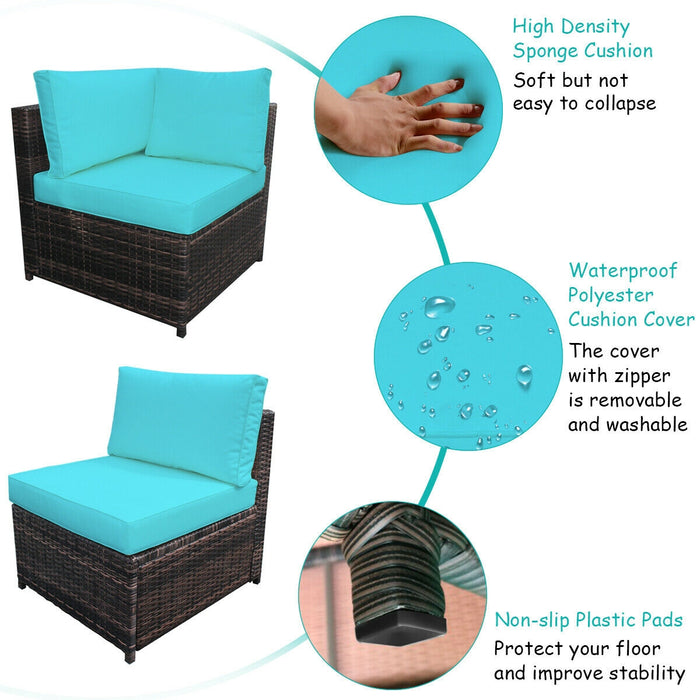 6 Piece Wicker Patio Sectional Sofa Set with Tempered Glass Coffee Table-Turquoise