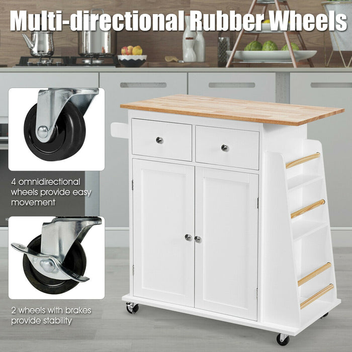 Rubber Wood Countertop Rolling Kitchen Island Cart-White