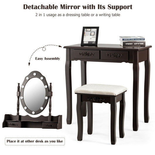 Makeup Vanity Dressing Table Set with Dimmable Bulbs Cushioned Stool-Coffee