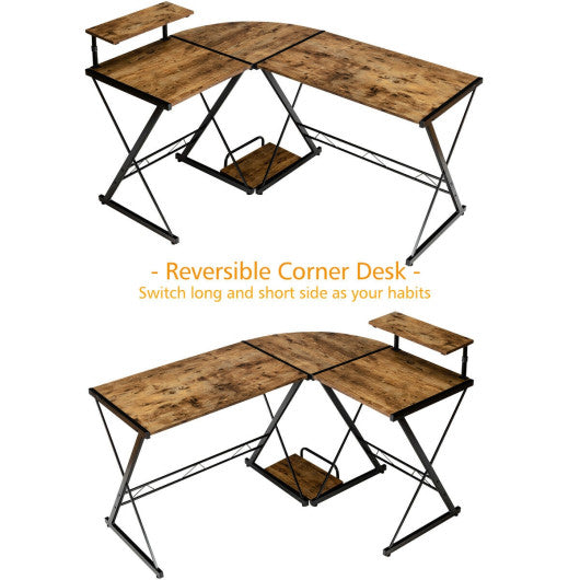 L-Shaped Desk Reversible Corner Computer Desk with Movable Shelf and CPU Stand-Rustic Brown