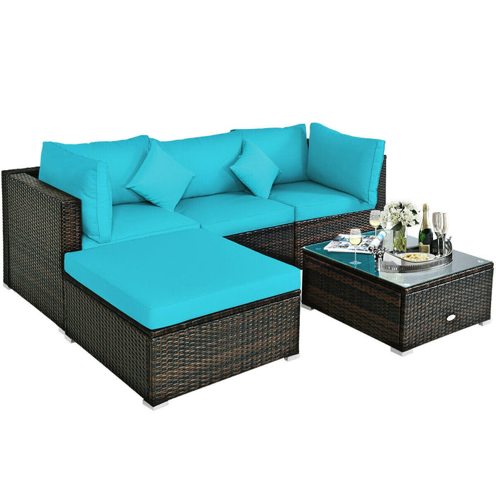 5 Pcs Outdoor Patio Rattan Furniture Set Sectional Conversation with Navy Cushions-Turquoise