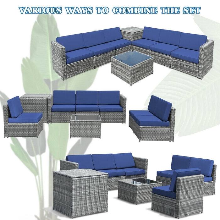 8 Piece Wicker Sofa Rattan Dinning Set Patio Furniture with Storage Table-Navy