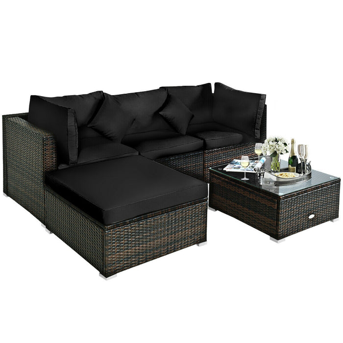 5 Pcs Outdoor Patio Rattan Furniture Set Sectional Conversation with Cushions-Black