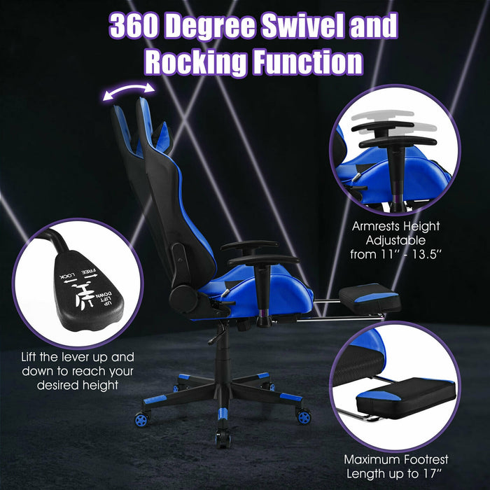 PU Leather Gaming Chair with USB Massage Lumbar Pillow and Footrest -Blue