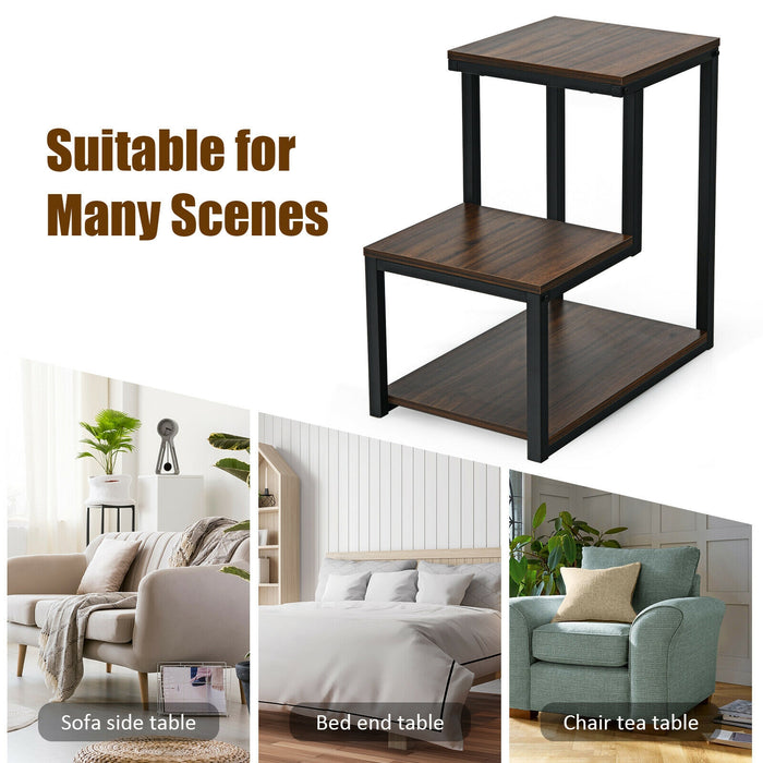 3-Tier End Table Sofa Side Table Ladder-Shaped with Storage Shelf-Brown