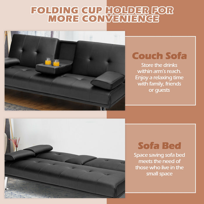 Convertible Folding Leather Futon Sofa with Cup Holders and Armrests-Black