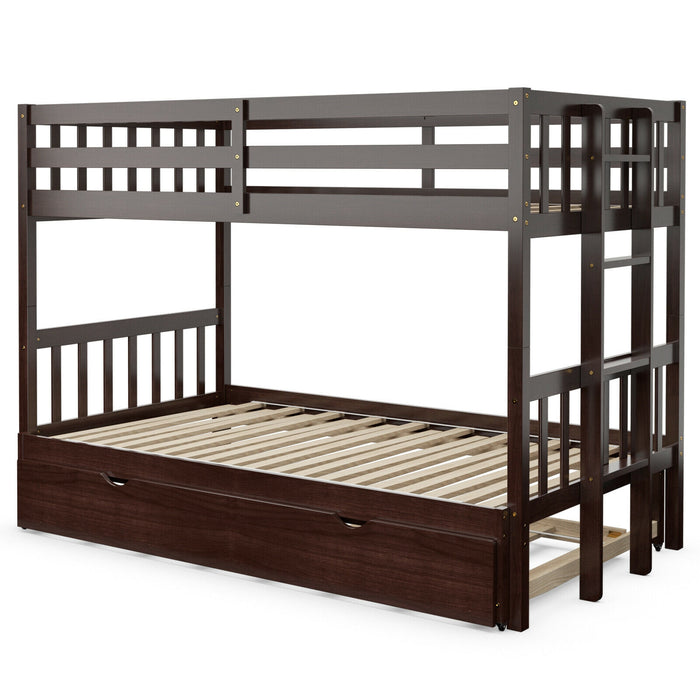 Twin Pull-Out Bunk Bed with Trundle Wooden Ladder-Espresso