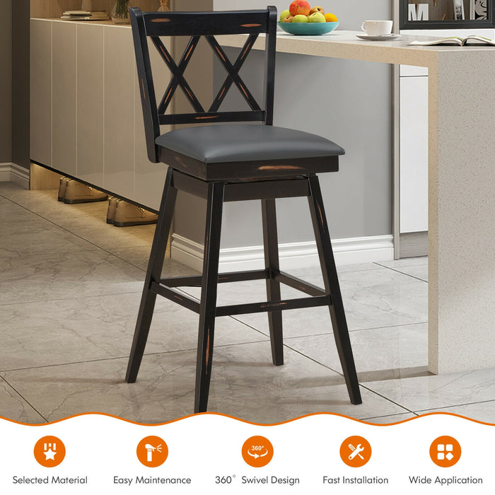 2 Pieces 29 Inches Swivel Counter Height Barstool Set with Rubber Wood Legs-Black